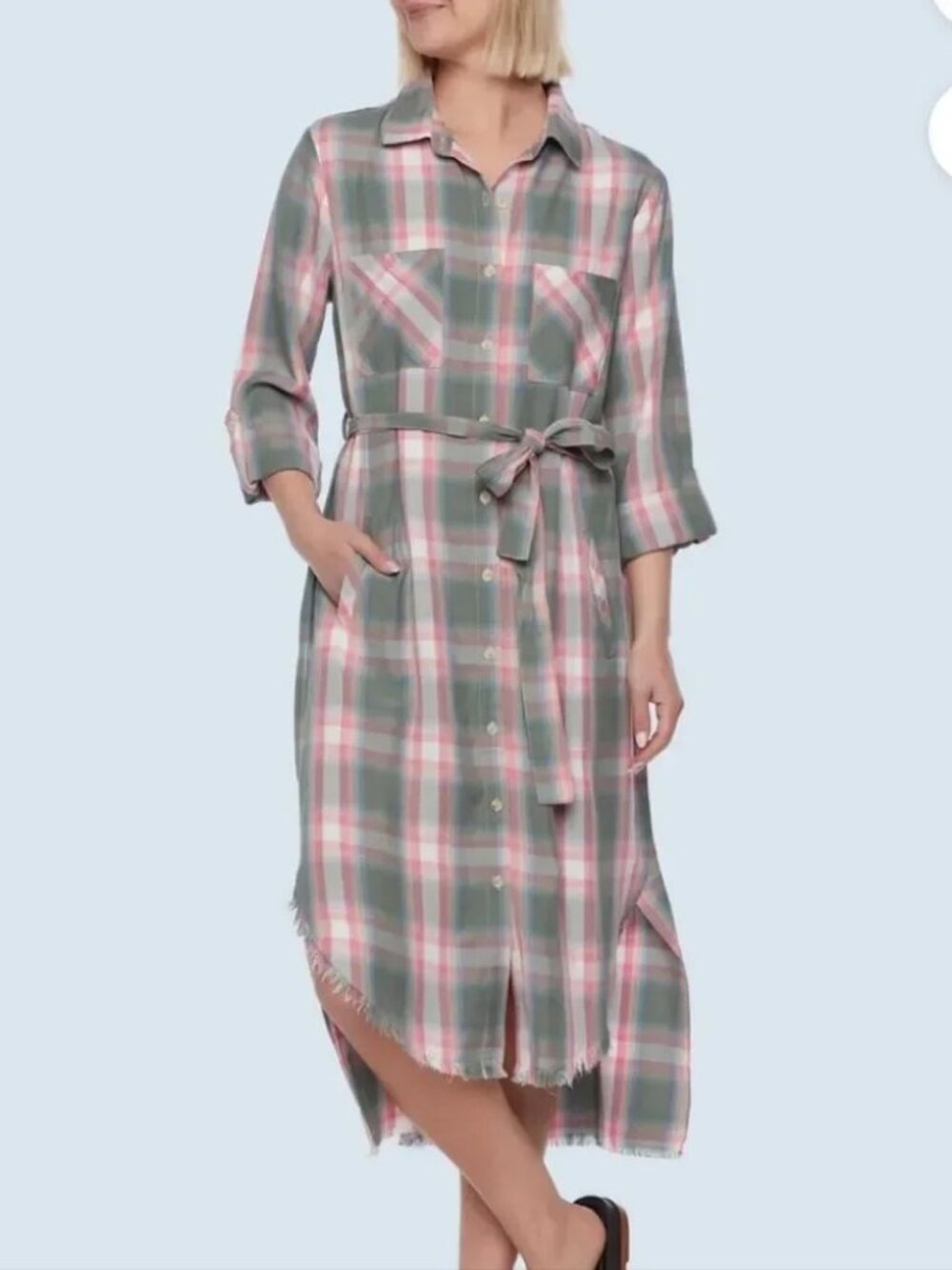 Plaid Button-Front Long Shirt Dress in Pink and Gray Size M